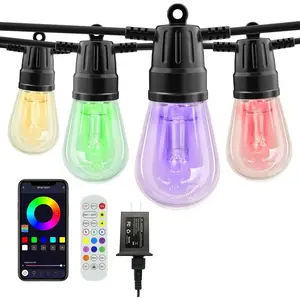 Smart Outdoor LED String Light, 49ft/15m RGB Color Changing LED Light String with Remote Control & APP Control, Waterproof LED String Light for Garden Atmosphere