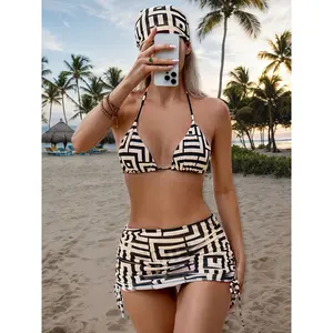 [4pcs Beach Swimwear] Geometric Print Strappy Triangle Bra, Swim Briefs, Cover-Up Skirt, and Headband Bikini Set, 4pcs Summer Beach Swimwear