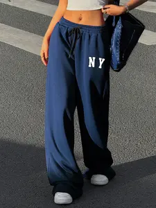 Women's Letter Print Wide Leg Sweatpants, Casual Street Trousers, Casual Comfy Breathable Trousers for Daily Wear, Ladies Bottoms for Summer