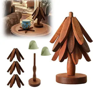 3-Layer Wooden Tree-Shaped Insulation Pad with Stand, 7.87 Inch Heat Resistant Natural Wood Cup Mat & Pot Holder, Kitchen Table Decor Gift