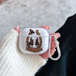 Cowboys' Horseshoe Ode Pattern Protective Case for AirPods 4/3/2/1/Pro/Pro2 Soft TPU Earphone Cover, Transparent with Keychain