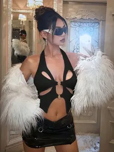 Women's Backless Halter Top, Front Slit Sexy Short Sleeve Shirt, Y2K Style, Trendy Summer Fashion, Perfect for Parties & Events