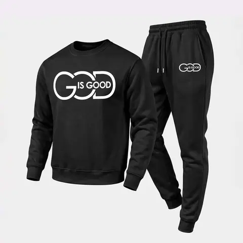Men's God Is Good Graphic Crewneck Sweatshirt and Jogger Pants Set, Casual Long Sleeve Pullover with Drawstring Sweatpants, Fall Winter Tracksuit for Daily Wear, Travel, Lounge, Workout and Indoor Outdoor Activities