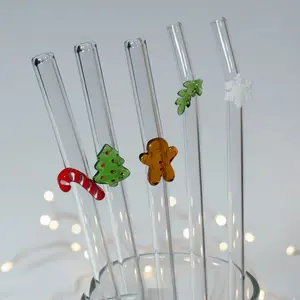 Reusable Glass Straw with Christmas Tree Gingerbread Holly Leaves Cane Candy and Snowflakes Heat Resistant Perfect for Restaurants Smoothies Milkshakes Tea Juice Fun Aesthetic Decoration