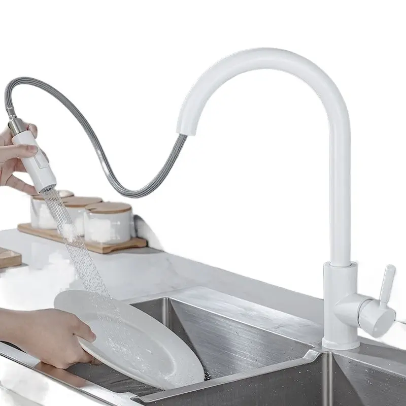 White All-Copper Water-Saving Kitchen Tap - Pull-Out Hot and Cold Water, 360-Degree Rotating, Suitable for Household Sinks and Stainless Steel Washbasins, Water-Saving Kitchen Taps