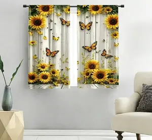 2-piece  curtains with sunflower and butterfly floral patterns, suitable for living rooms, bedrooms, kitchens, modern home decor curtains, easy-care and machine-washable polyester curtains