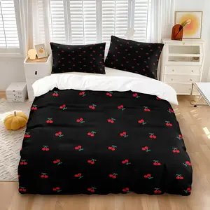 Double cherry print duvet cover set 2/3 pcs, ,Includes 1 Count Duvet Cover & 1/2 Pillowcase without Filler,retro sweet and cool, sweet and warm atmosphere, romantic bedroom decoration product,universal for all seasons.