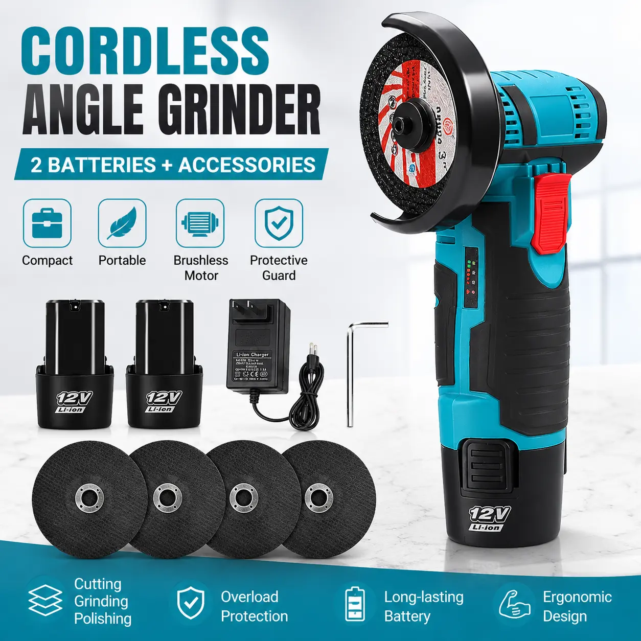 12V Cordless Mini Brushless Motor Angle Grinder Kit - Home Improvement Work Tool with 4 Cutting Blades, 2x12V 1300mAh Long-Lasting Batteries, Heavy-Duty Handle for Cutting/Grinding, Ideal Father's Day Gift
