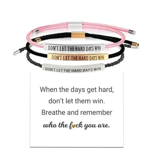 Handmade Adjustable “Don’t Let the Hard Days Win” Inspirational Bracelet，Gold or Silver Stainless Steel with Black or Pink Cord, Motivational Jewelry with Gift Card, Perfect for Couples, Best Friends, Valentine’s Day,Birthday & Holiday Gifts
