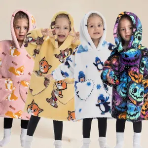 Cute Multicolor Pumpkin Print Cozy Hooded Blanket Robe, Warm Winter Sleepwear, Large Size, Soft Fabric, Home Comfort Clothing