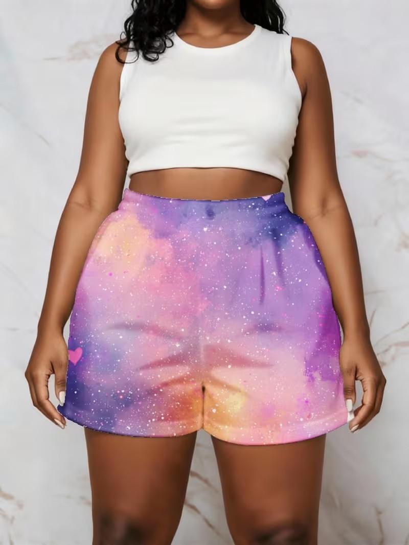 Galaxy Print Shorts, Purple, Pink, And Orange, with Shiny Heart And Star Patterns, Suitable for Beach And Casual Wear, Size