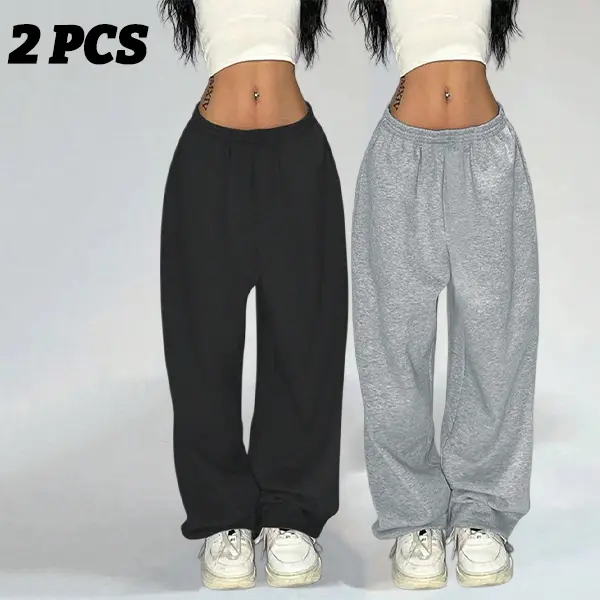 2 Pack Women Soft Heather Knit Wide Leg Sweatpants, Elastic High Waist, Flowy Floor-length Drape Silhouette, Lightweight Breathable Fabric, Loose Casual Loungewear Trousers Twin Set In Black And Heather Grey Two Neutral Shades