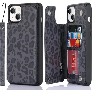L-PCS006  for iPhone 13 Case with Card Holder, for iPhone 13 Wallet Case for Women Men, Stand and Strap,Leopard Grain Shockproof Protective Phone Cover-Black Leather Magnetic