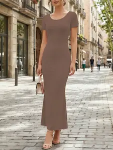 Plus Size Solid Round Neck Short Sleeve Mermaid Dress, Womenswear Women's Slim Bodycon Fat Hiding Elegant Chic Maxi Dress, Minimalist Lady
