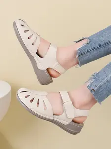 Women's PU Wedge Sole Sandals, Hand Stitched Elastic Strap, Half Enclosed Toe, Magic Tape Closure, Lightweight for Commuting Work Travel