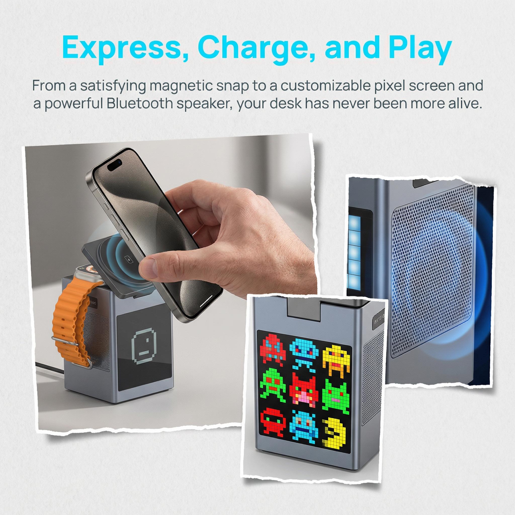 6-in-1 Charging Station for Apple Devices, 15W Magnetic Wireless Charger Stand with Bluetooth Speaker, Digital Alarm Clock, Pixel Display, Compatible with MagSafe iPhone Series, Apple Watch & AirPods - March Madness, Spring Break, World Cup, Easter 6-in-1 Charging Station for Apple Devices, 15W Magnetic Wireless Charger Stand with Bluetooth Speaker, Digital Alarm Clock, Pixel Display, Compatible with MagSafe iPhone Series, Apple Watch & AirPods - March Madness, Spring Break, World Cup, Easter