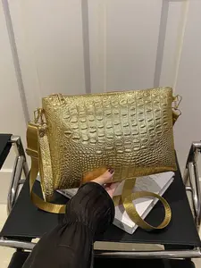 1pc Gold Vintage Crocodile Embossed PU Envelope Sling Bag With Top Handle For Women