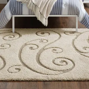 Modway Jubilant Sprout Scrolling Vine 8x10 Shag Area Rug in Creame and Beige