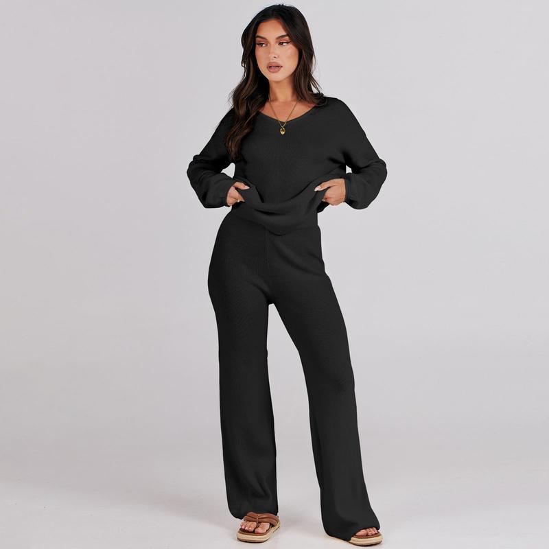 ANRABESS Women 2 Piece Outfits Sweater Lounge Sets Long Sleeve Cable Knit Pullover and Wide Leg Pants Tracksuit Matching Set