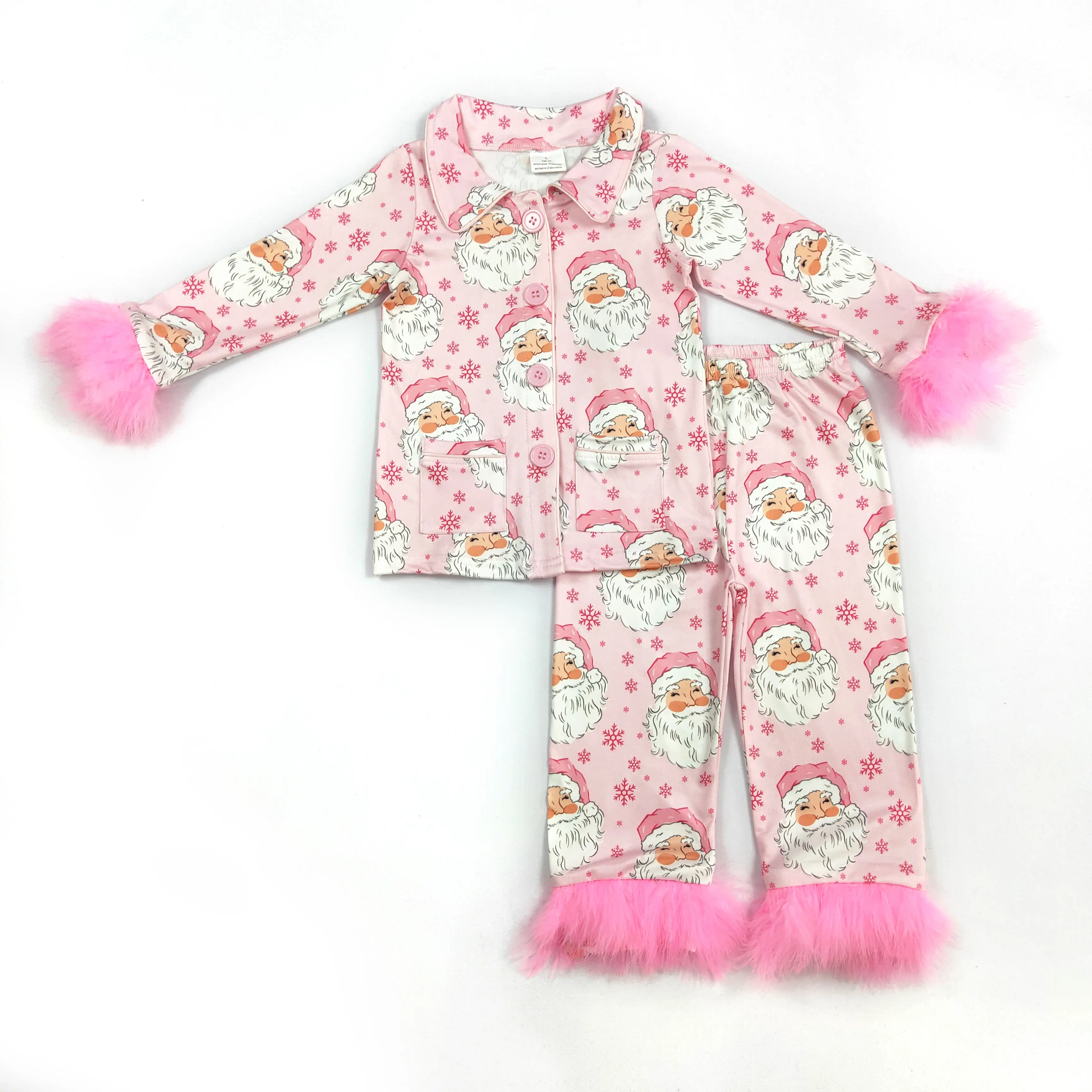 Girls' Christmas Blush Pink Santa Print Long Sleeve Feather Cute Pajama Sets, Durable Quality Adorable Style Sleepwear