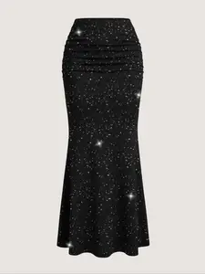 Women's Starry Skirt Fashion Slimming Fitted Sequin Galaxy Pleated High Waist Bodycon Mermaid Long Dress for All Seasons