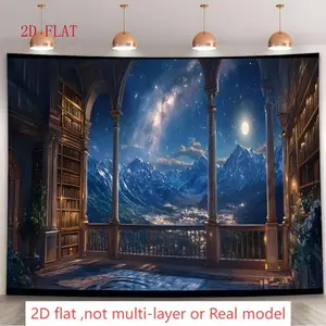 Night Palace Library Tapestry, depicting starry sky and mountain scenery - perfect for photo booths, birthday celebrations, anniversaries, and parties - easy to hang, suitable for indoor or outdoor decoration, made of polyester material