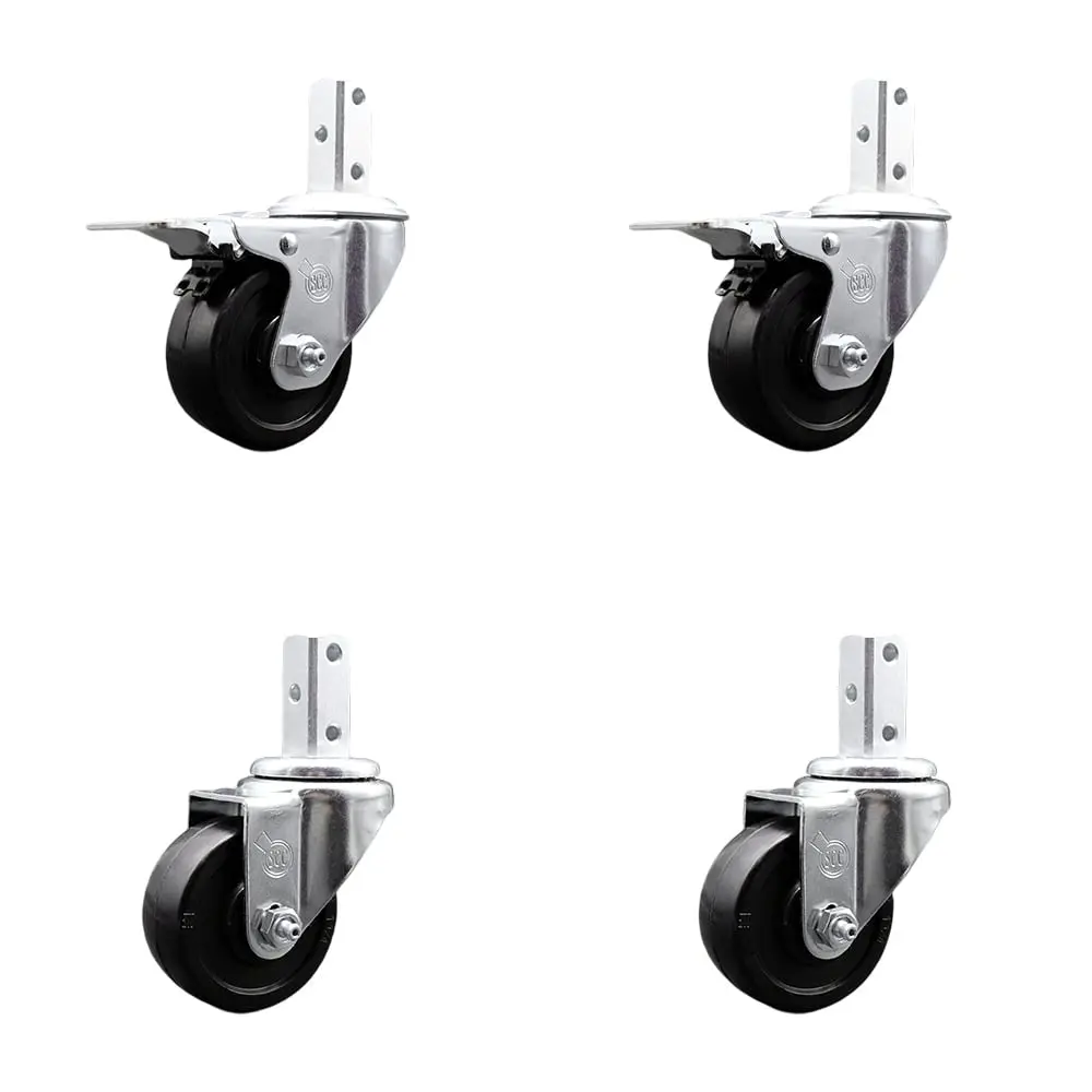 212 MAIN Service Lockable Swivel Square Stem Casters (Set of 4, SCC-SQTTL20S3514-SRS-34-2-S-2) - Furniture Moving Swivel Wheels with 3.5x1.25in Black Soft Rubber Wheels, 0.75x2in Square Stems, 3x0.26in Diameter Mounting Holes, Furniture Moving Wheel