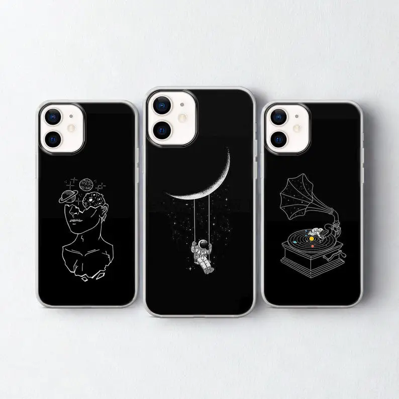 Black Space Phone Case, Minimal Moon Astronaut iPhone Cover, Celestial Aesthetic Case, Vintage Galaxy Phone Cover