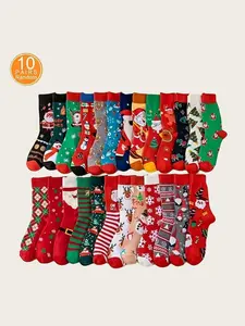 Random 10 Pairs Men Women Autumn Winter Christmas Socks, Mid-Calf Cartoon Santa Claus Design, Perfect Gift for Holiday Parties