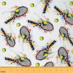 Graffiti Tennis Upholstery Fabric for Chairs 2 Yards Tennis Rackets and Balls Fabric By The Yard,Sports Game Themed Waterproof Fabric,Colorful Fabric