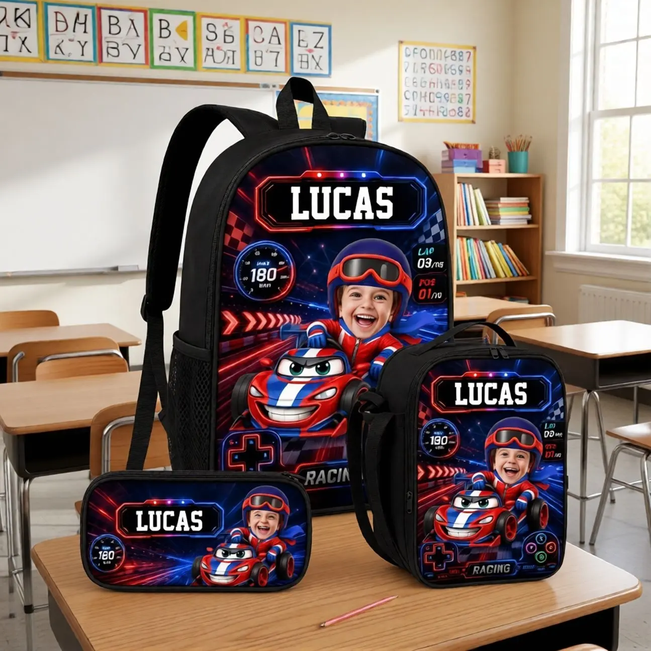 Custom Photo Kids Backpack & Water Bottle Set - Personalized Back To School Gifts For Kids - Fast Lane Ahead