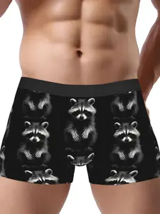 BIIHUDU Men'S Funny Raccoon Print Boxer Briefs - Black Casual Style Underwear with Realistic Raccoon Faces, Stretchy Polyester Novelty Gif