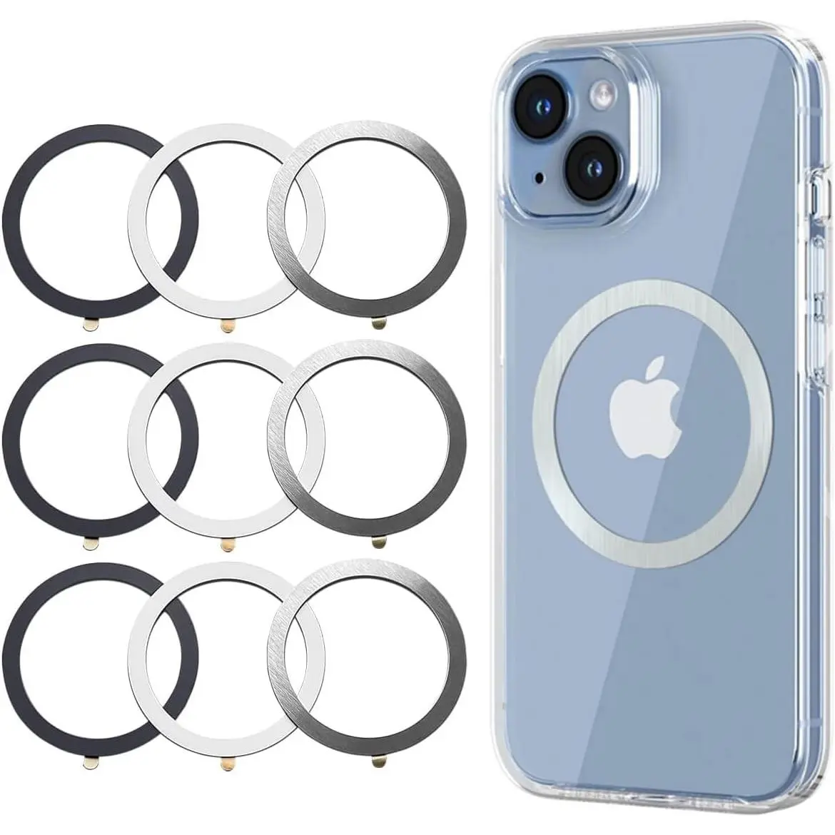 for MagSafe Sticker,MagSafe Ring Magnet,Magnetic Wireless Charger Conversion Kit,Compatible with iPhone 16/15/14/13/12/11, Galaxy S23/S22/S21 and Kindle,9 Pack(3Black,3White&3 Silver)