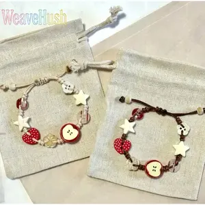 Handmade Cute Apple Star Beaded Bracelet, Adjustable Woven String Bracelet, Boho Cottagecore Jewelry with Heart & Flower Charms, Gift for Teen Girls, Best Friends, Aesthetic Summer Accessory