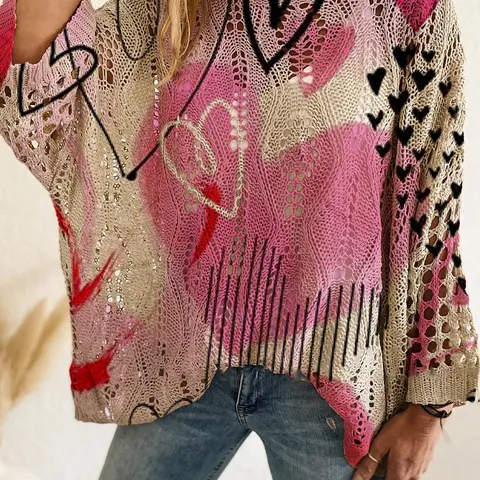 Women's Casual Knit Top, Heart Pattern Long Sleeve Sweater, Street Casual Jumper, Knitwear, Womenswear, Lady, Loose Fit Batwing Shoulder Design, Spring Summer Fashion, Knitted Casual Top