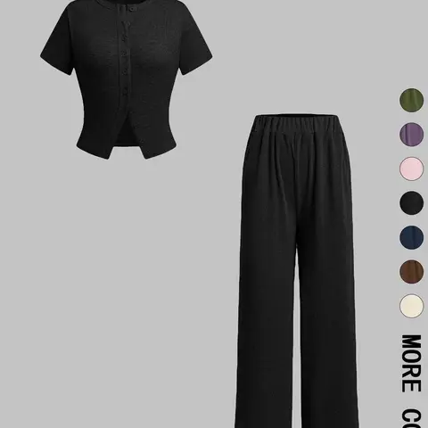 Women's Solid Ribbed Basic Minimalist Crop Top & Wide-Leg Pants Two-Piece Set, Casual Cozy Fitted Top & Trousers for Daily Outdoor Wear, All-Season Ladies Clothes, Summer Airport Outfit, Womenswear, Knitwear Set Two Pieces Outfits