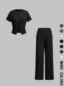 women's solid ribbed crop top & wide leg pants two-piece set, casual fashion cozy top & trousers for daily outdoor wear, ladies clothes for all seasons, lounge sets, cute two piece sets, womenswear