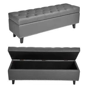 VEVOR Button-Tufted Storage Ottoman Bench, PU Leather Bench with Storage and Solid Wood Legs, Modern Shoe Benches Seat for Entryway, Upholstered End of Bed Benches for Living Room, Dining Room, Gray