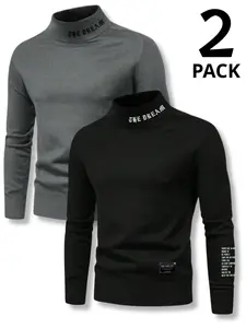 2pcs Boys' Cozy Print Long Sleeve Turtleneck Tees - Stretchy Polyester Blend, Machine Washable - Perfect for Fall/Winter