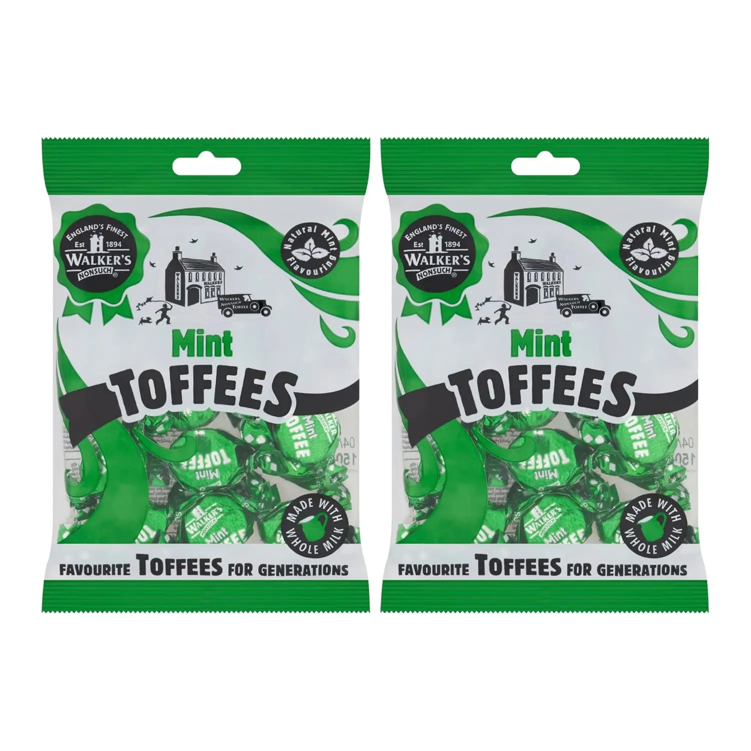 Walkers Nonsuch British Mint Toffee Candy 5.29 Oz (Pack of 2) - Natural Mint Flavor, Whole Milk Toffee, Individually Wrapped Chewy Candy Pack, Classic English Sweets, Imported UK