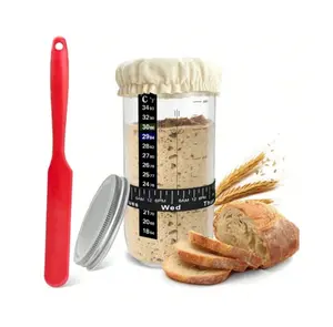 24 Oz Sourdough Starter Jar Glass, Sourdough Starter Kit With Date Marked Feeding Band, Thermometer, Silicone Scraper, Sewn Cloth Cover & Aluminum Lid, Sourdough Jar