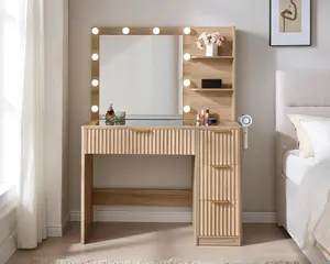 [Summergarden]AMERLIFE 36.2/47.2" Fluted Vanity Desk with Mirror and Adjustable LED Lights, Large 4/7 Drawers Makeup Table with Glass Top and Charging Station for Women and Girls,,Best Gift Ideas,Lighted Vanity Table, Modern Makeup Vanity