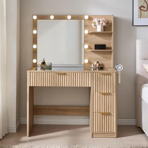 AMERLIFE 36.2/47.2" Fluted Vanity Desk with Mirror and Adjustable LED Lights, Large 4/7 Drawers Makeup Table with Glass Top and Charging Station for Women and Girls,,Best Gift Ideas,Lighted Vanity Table #TikTokShopFallDealsForYou