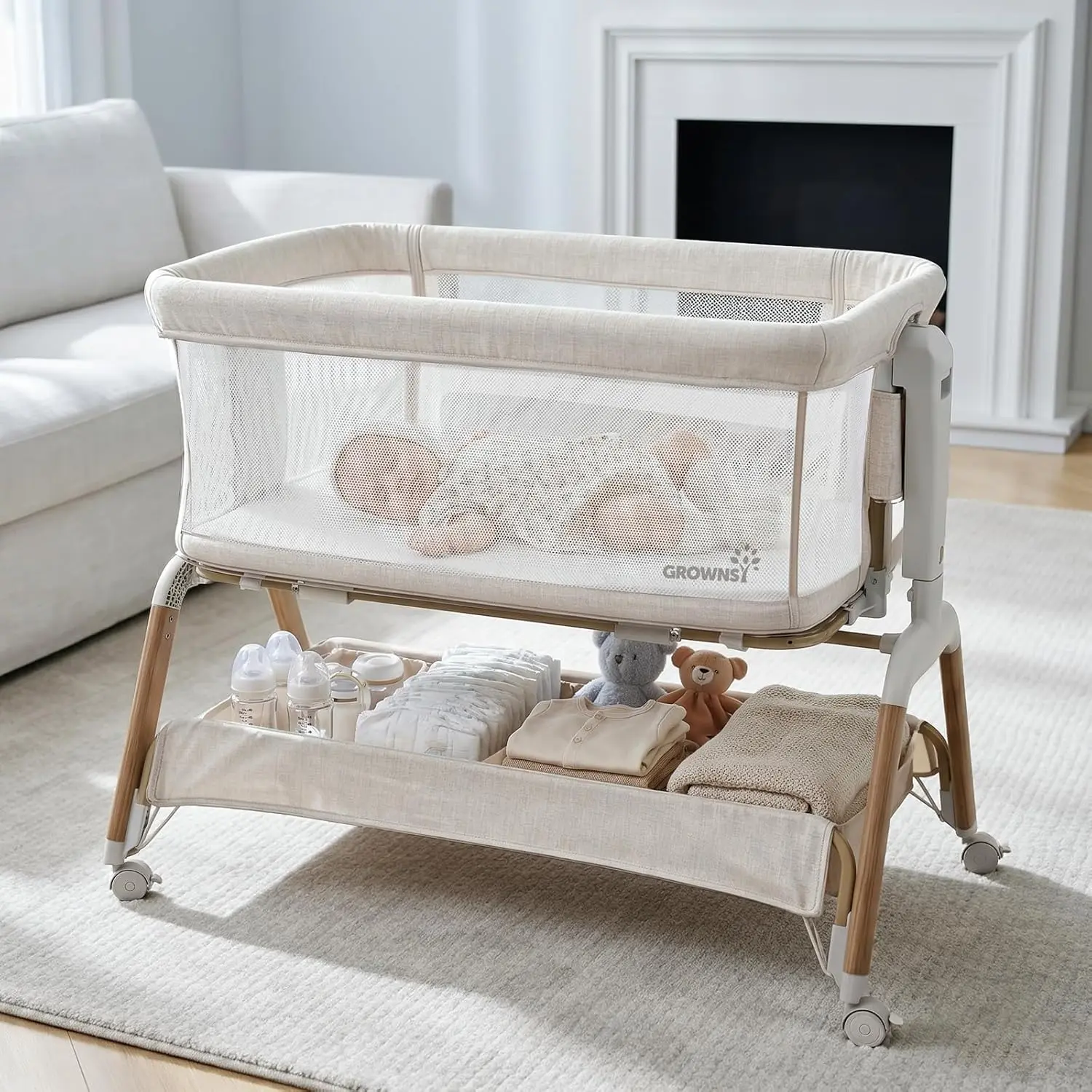 GROWNSY 5-in-1 Baby Bassinet Bedside Sleeper with Gentle Rocking Mode, 6 Adjustable Heights, Full Breathable Mesh, Convertible to Portable Crib, Bassinets with Mattress & Wheels, Beige