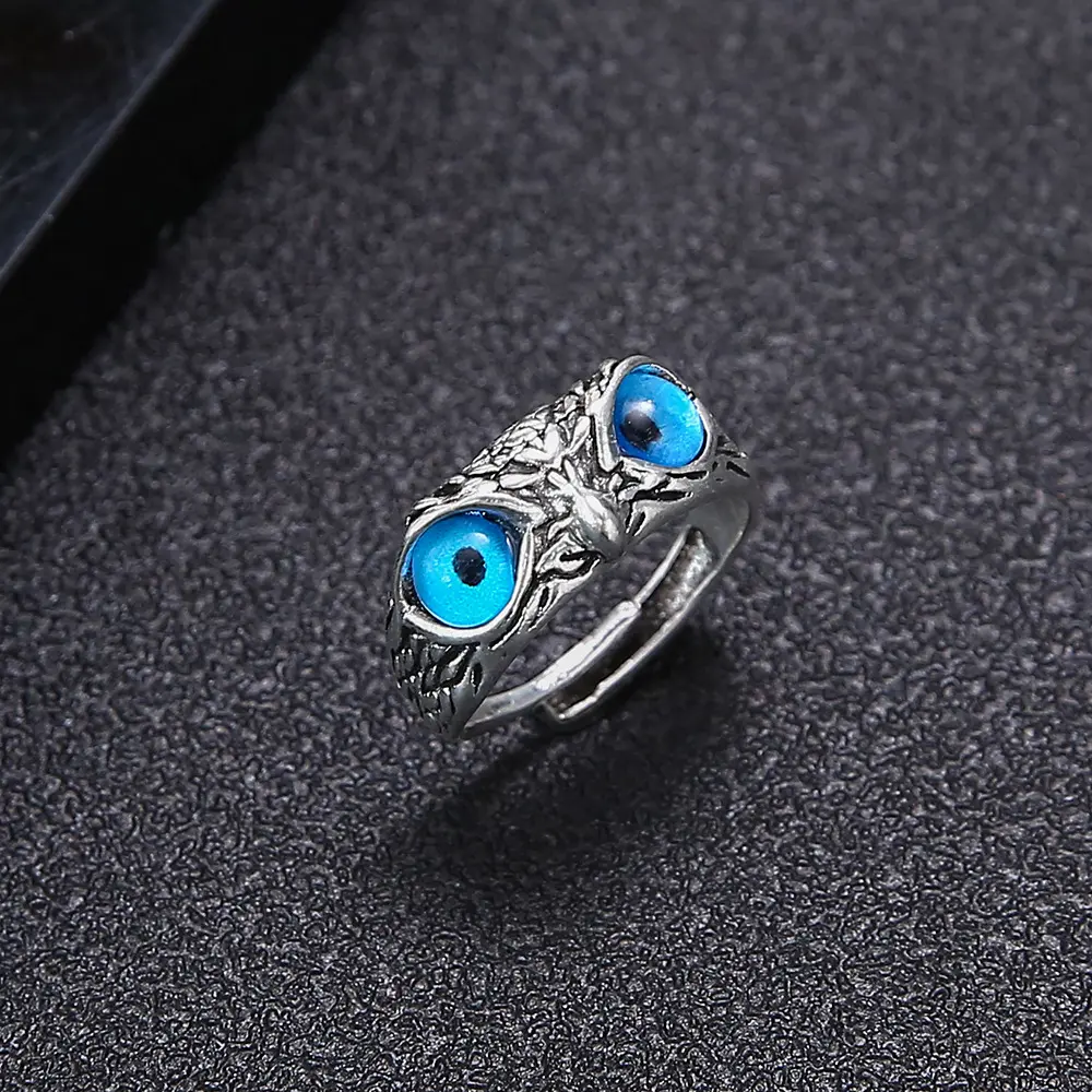 Vintage 3D Blue-Eyed Owl Adjustable Open Ring - Anti-Rust Steel, Lightweight Wisdom Symbol Gothic Accessory for Men - Halloween, Birthday Gift, Anti-Rust Steel Rings perfect valentine gift nail  rings cluster