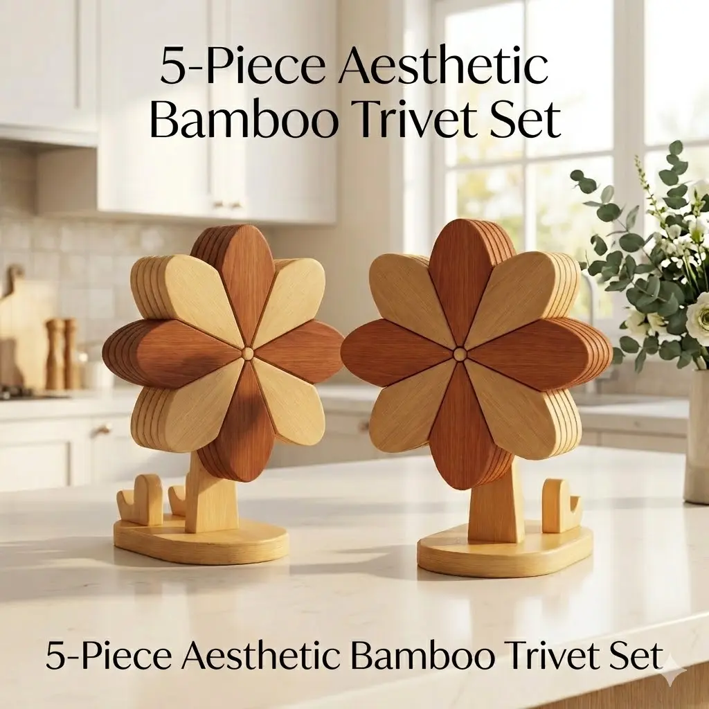 Aesthetic Bamboo Trivet Set for Hot Dishes | 5-Piece Expandable Windmill Flower Coasters with Holder | Eco-Friendly Kitchen Counter Decor & Table Protector