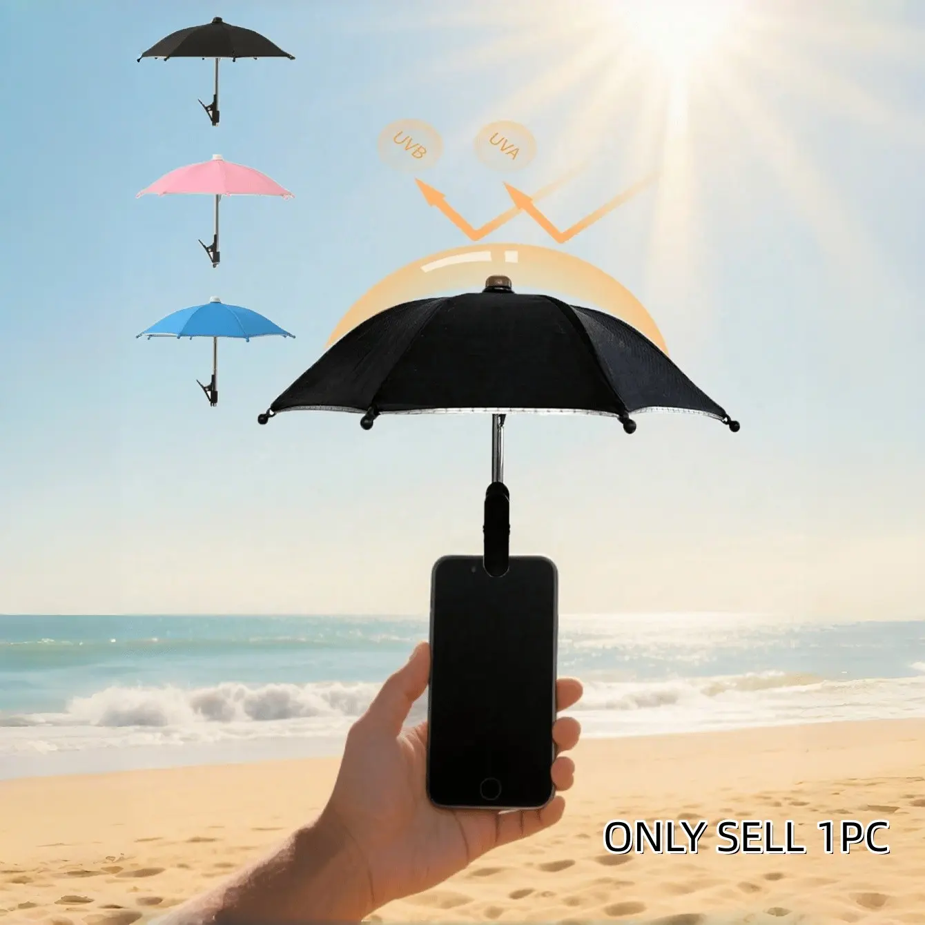Universal Phone Umbrella Clip, Mini Clip-on Sun Umbrella & Eyeglass Clip Mini Parasol, Waterproof UV Protection Sun Shade, Hands-free Anti-glare Phone Holder, Cute Summer Gadget Gift for Outdoor, Beach, Camping & Car Use