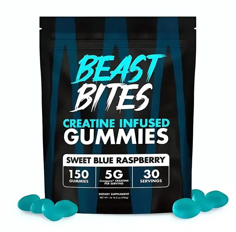 Beast Bites Creatine Infused Gummies with Creapure NSF Certified 5g Monohydrate per Serving Sweet Blue Raspberry Flavor Non-GMO Gluten Free Vegan