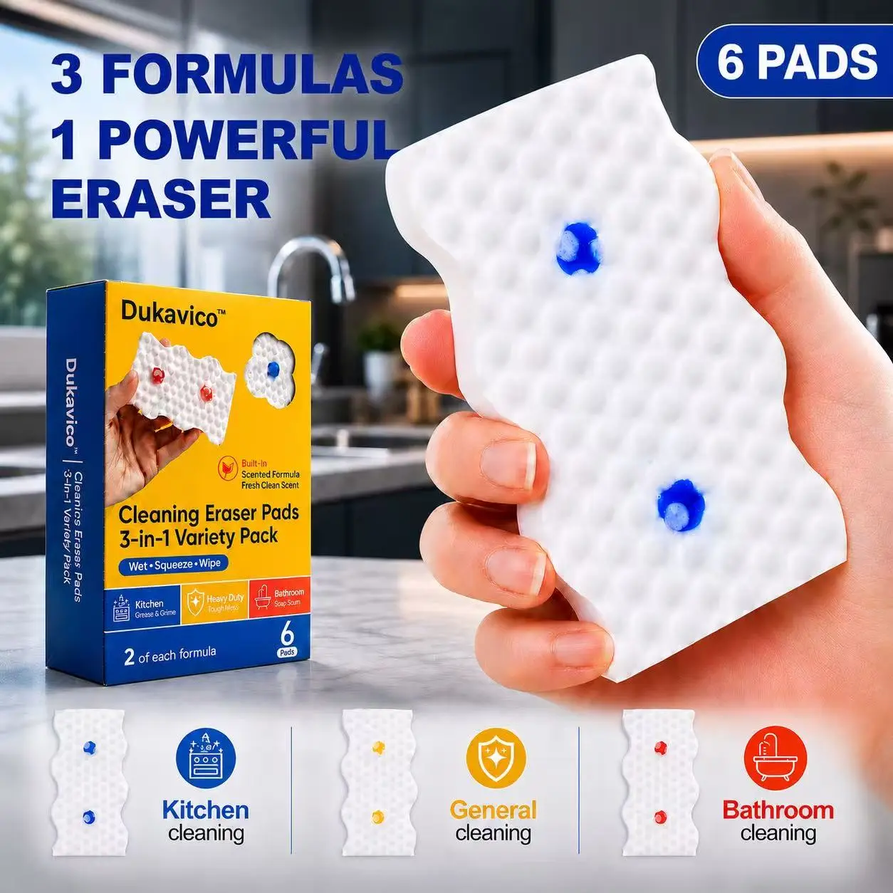 Dukavico 3-in-1 Melamine Magic Cleaning Sponge Pads, 6 Count Cleaner-Infused Dual-Sided Scrubber Variety Pack for Kitchen, Bathroom, Wall, Sink, Tile, Bathtub, Stove, Grease, Grime, Soap Scum, Hard Water Stains & Home Cleaning Essentials