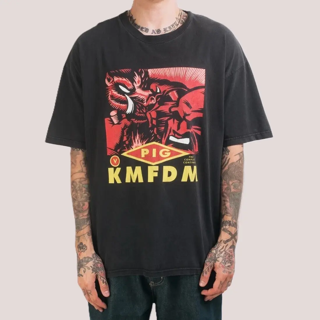 Y2k Vintage KMFDM Pig Graphic Short Sleeve Black Shirt, Unisex Men Women S-3XL